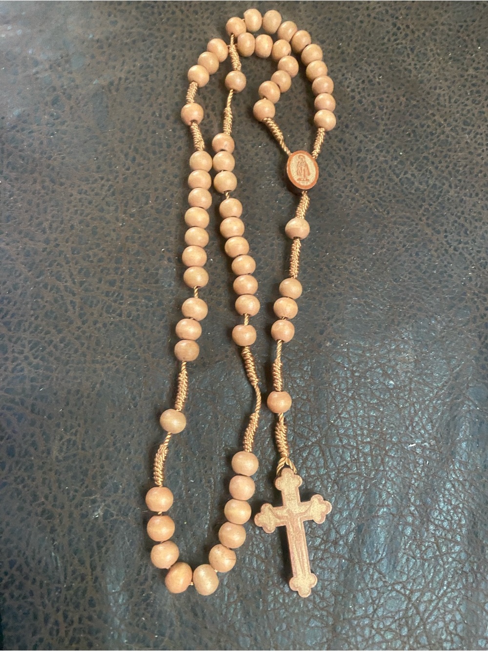 Knotted Cord Wooden Rosary Necklace in Light Brown